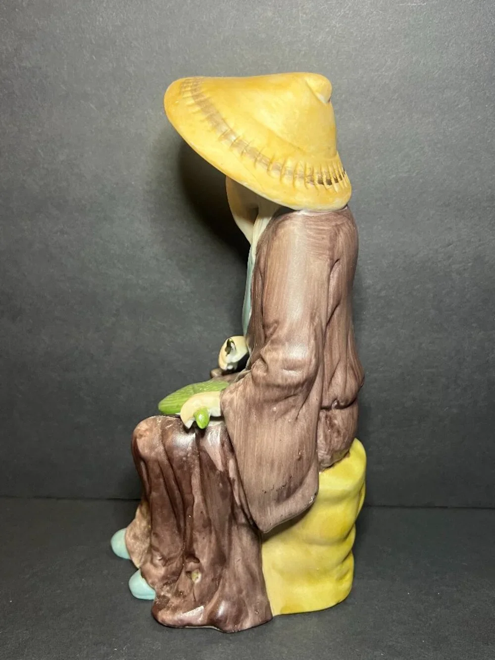 Vintage 1970s Toyo Porcelain Seated Old Asian Man Figurine w/ Palm Leaf Fan